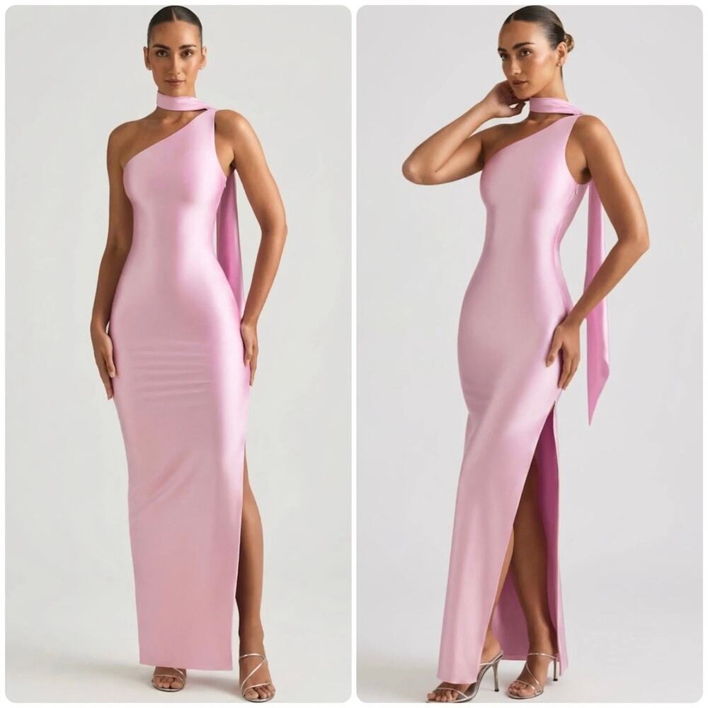 Oh Polly Sheril Asymmetric Scarf-Detail Maxi Dress in Soft Pink Size 4 New